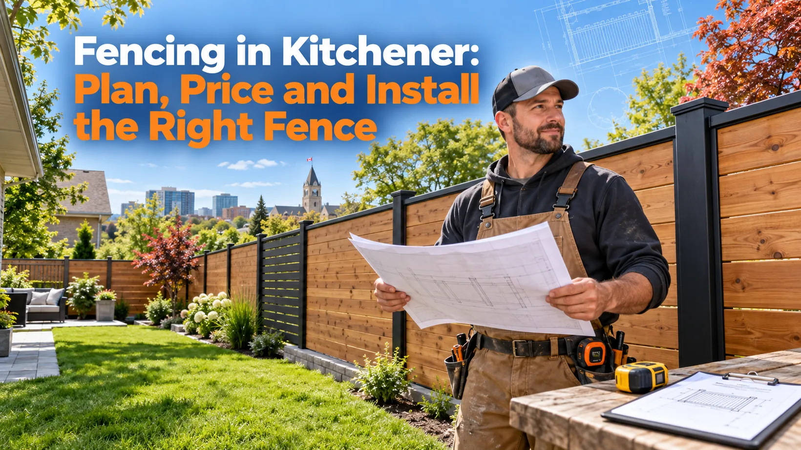 Fence installer holding project plans beside a modern wood-and-black-metal backyard fence, illustrating how Kitchener homeowners can plan, price and manage installation.