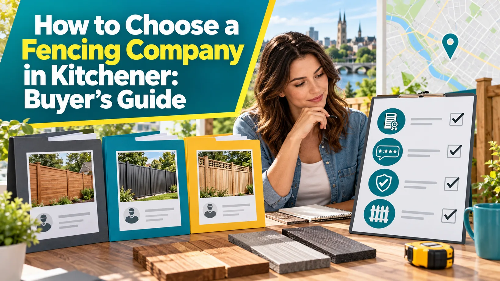 Homeowner comparing three contractor folders, material samples and a checklist at an outdoor table, representing the evidence needed to choose a Kitchener fencing company.