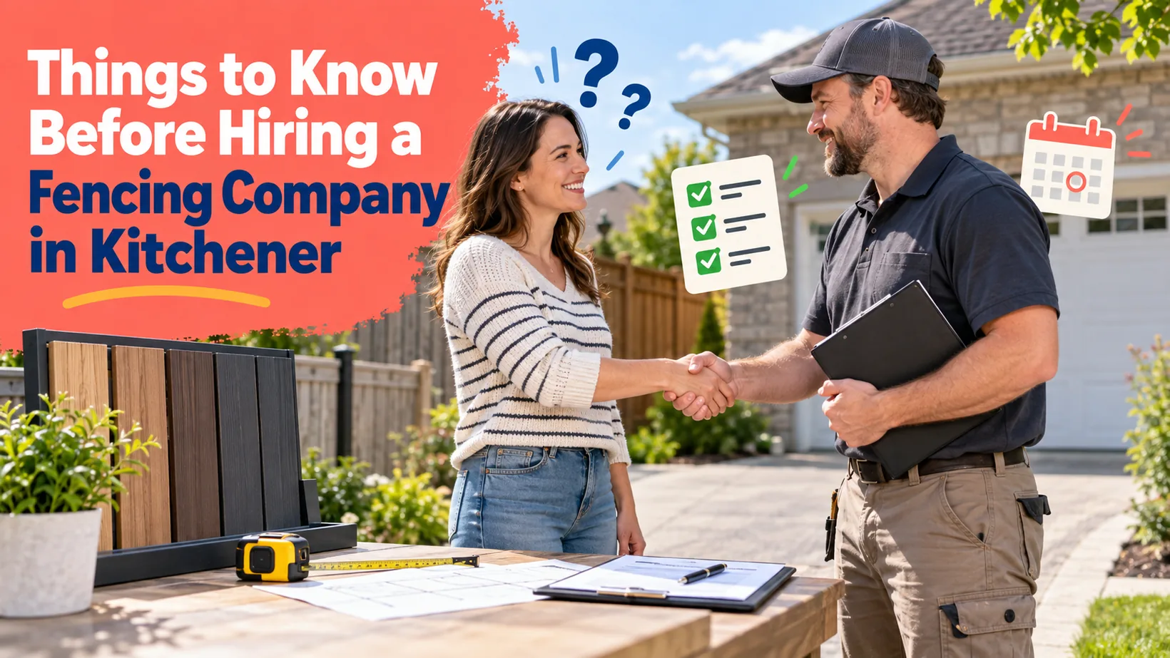 Handshake between a homeowner and fence contractor beside plans, material samples and scheduling icons, highlighting the checks to complete before hiring in Kitchener.