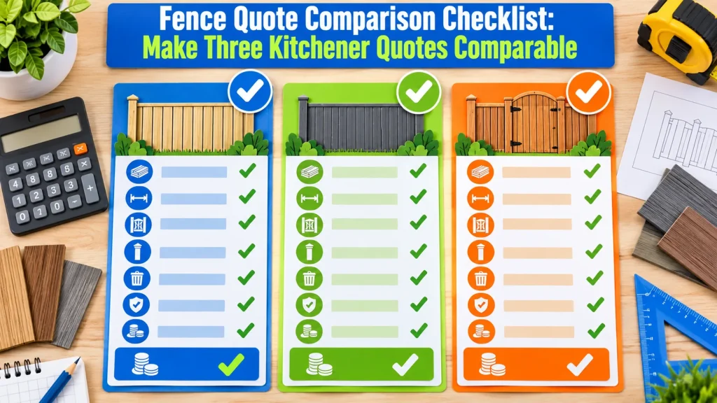 Three colour-coded fence quote cards with check marks, calculator, samples and blueprint, showing how Kitchener homeowners can compare contractor proposals on equal terms.