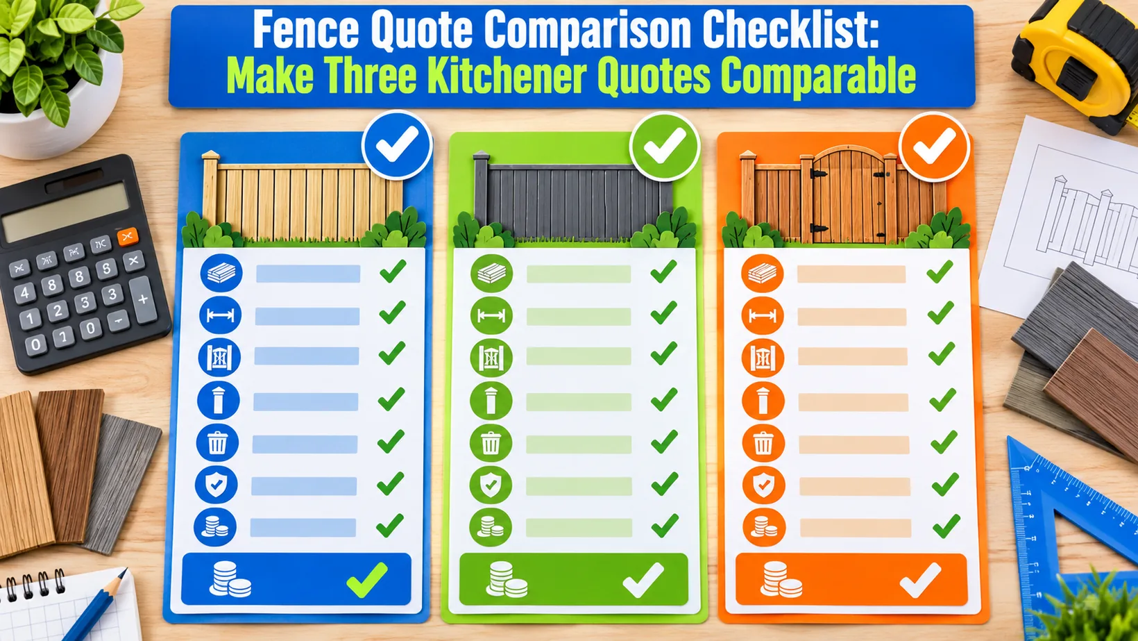 Three colour-coded fence quote cards with check marks, calculator, samples and blueprint, showing how Kitchener homeowners can compare contractor proposals on equal terms.
