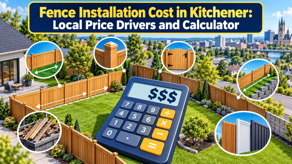 Oversized calculator over a fenced Kitchener backyard with callouts for length, gates, posts, removal and materials, visualizing the main installation cost drivers.