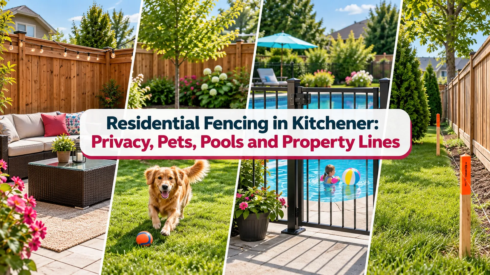 Four-part backyard scene showing a privacy fence, dog, secured pool gate and marked property line for Kitchener residential fencing decisions.