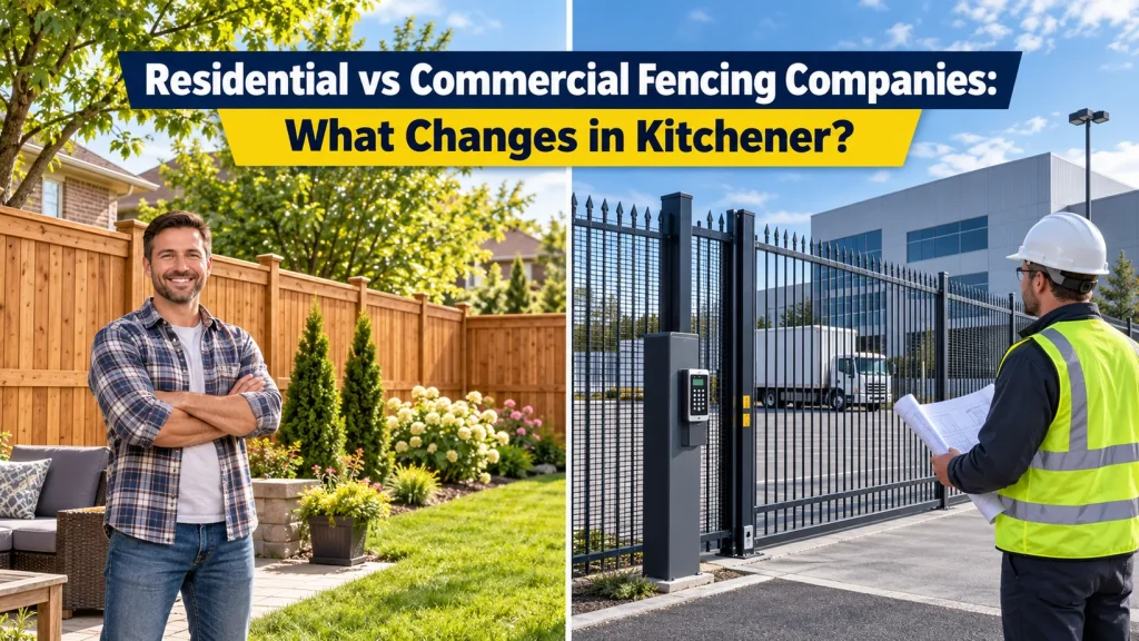 Split view of a homeowner beside a wood privacy fence and a site manager at an industrial gate, comparing residential and commercial fencing requirements in Kitchener.