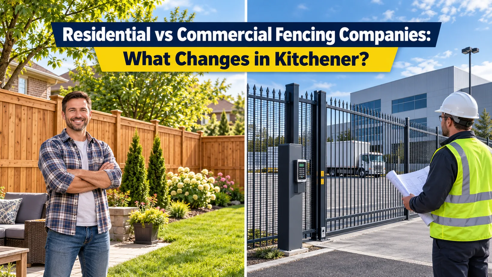 Split view of a homeowner beside a wood privacy fence and a site manager at an industrial gate, comparing residential and commercial fencing requirements in Kitchener.