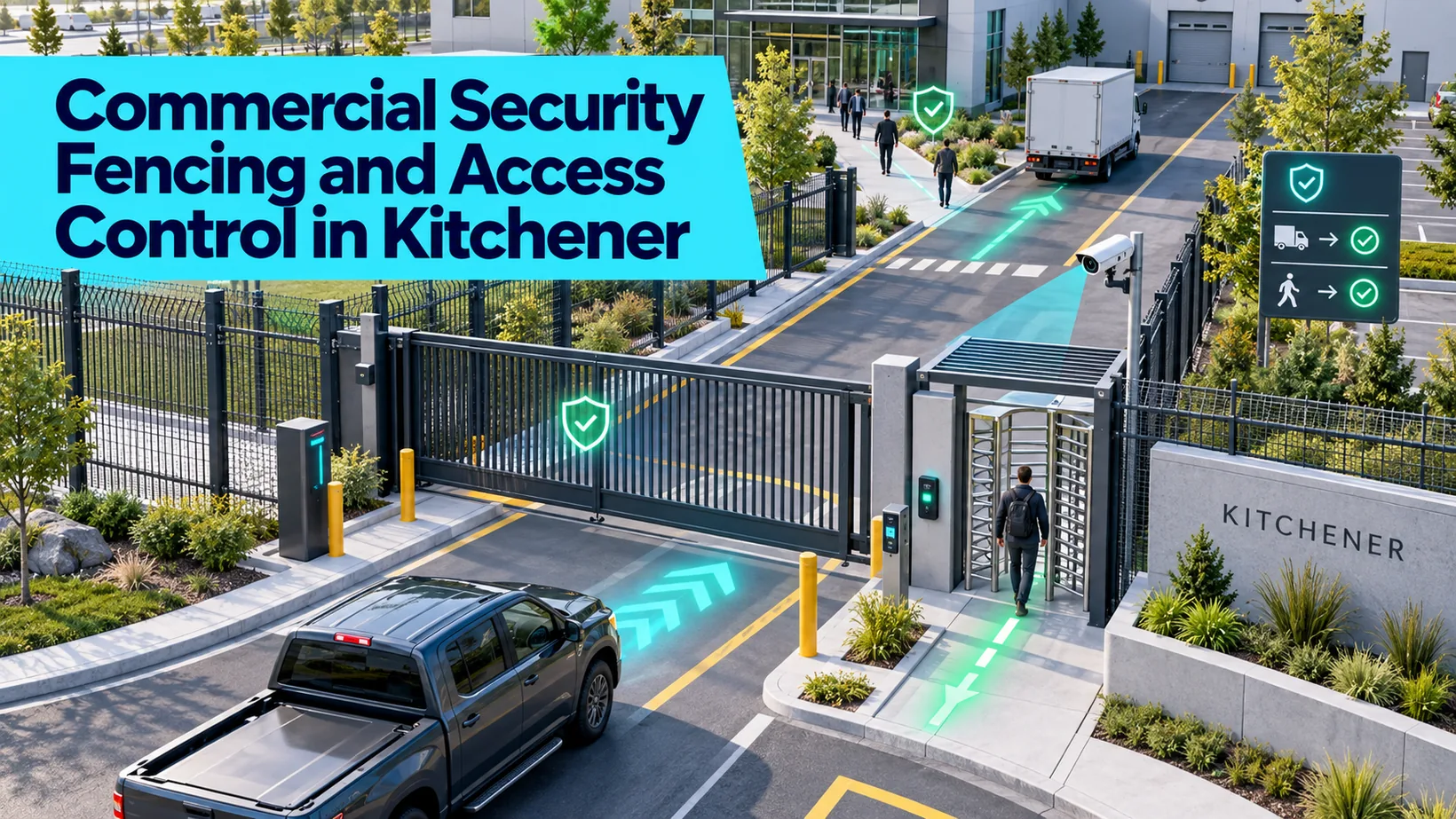 Aerial commercial entrance with sliding gate, pedestrian turnstile, access readers and camera, showing coordinated vehicle and people control for a Kitchener facility.