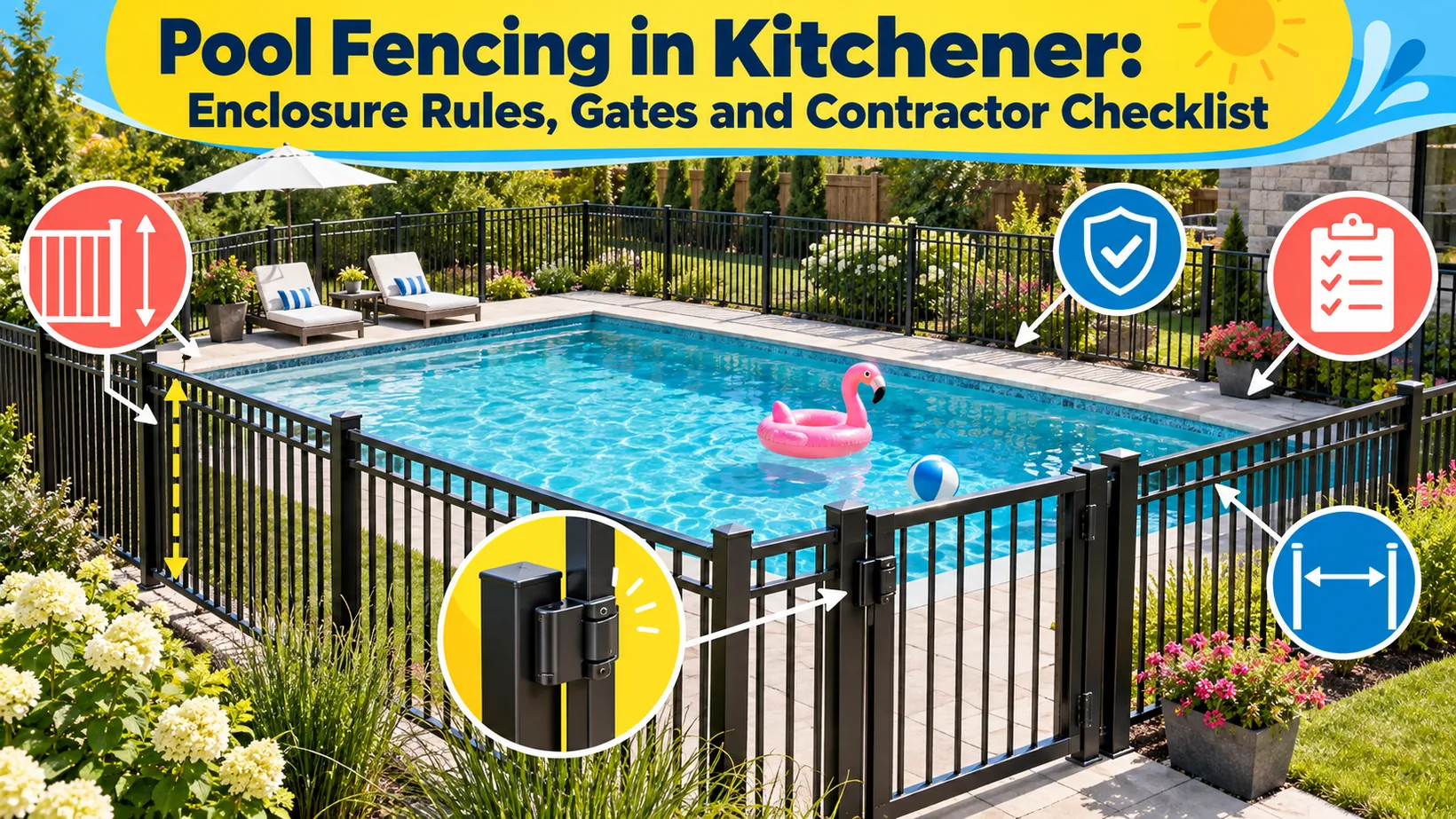 Black metal fencing and a latched gate enclose a backyard pool, with callouts for barrier height, openings and contractor safety checks in Kitchener.