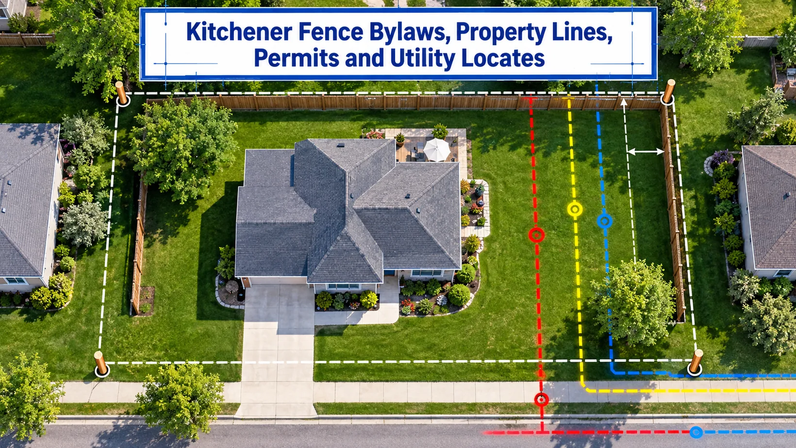 Overhead Kitchener property marked with boundary lines and colour-coded underground utility routes, illustrating the checks required before fence layout and excavation.