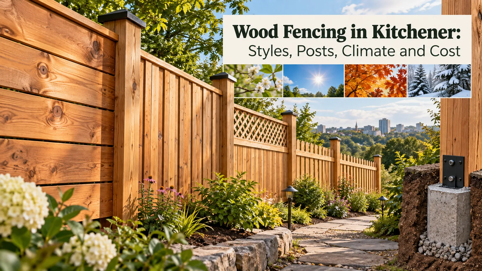 Landscaped yard with several wood fence styles, an exposed post footing and seasonal weather panels, supporting Kitchener decisions about design, structure and climate.
