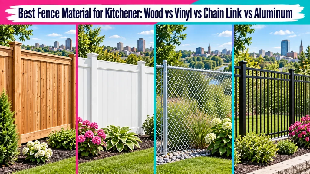 Four side-by-side panels show wood, white vinyl, chain-link and black aluminum fences in landscaped yards for a Kitchener material comparison.