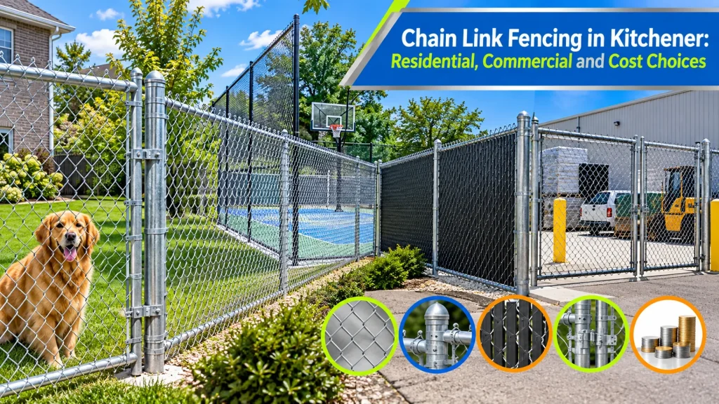 Chain-link fencing surrounds a residential yard, sports court and industrial gate, with component callouts illustrating Kitchener use cases and cost choices.