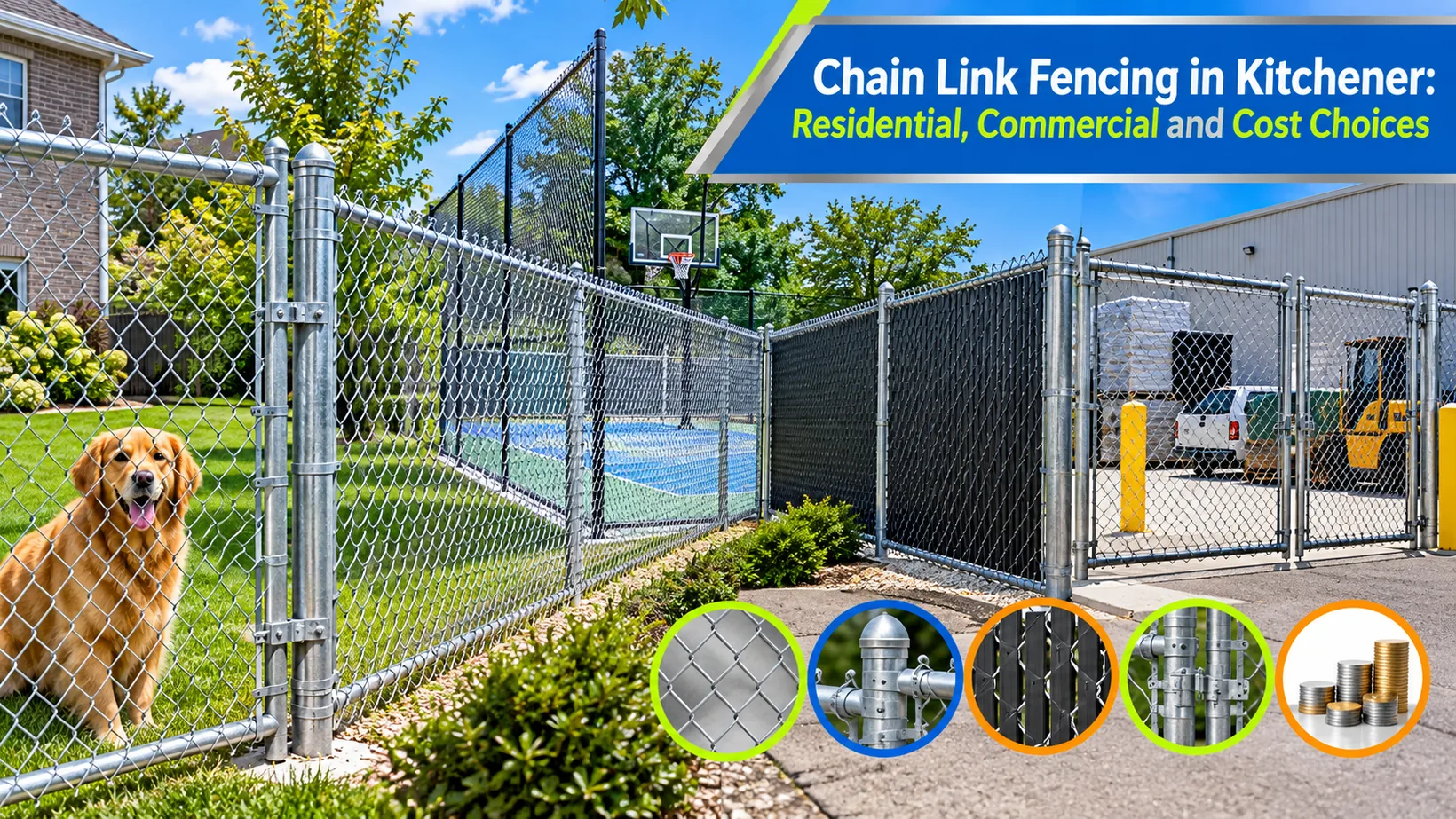 Chain-link fencing surrounds a residential yard, sports court and industrial gate, with component callouts illustrating Kitchener use cases and cost choices.