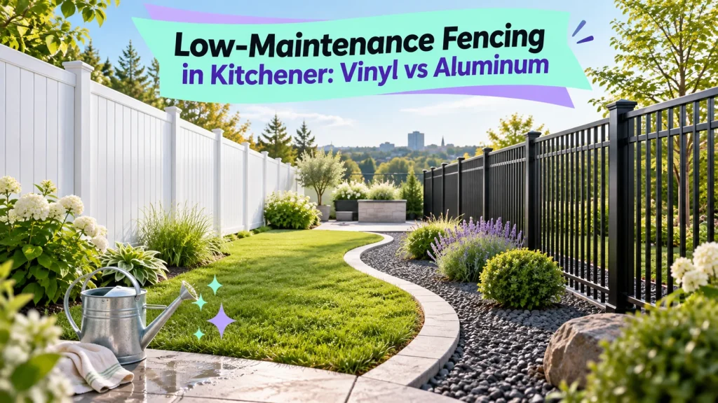 Contrasting white vinyl privacy fencing and black aluminum fencing border a landscaped garden, comparing two low-maintenance options for Kitchener properties.