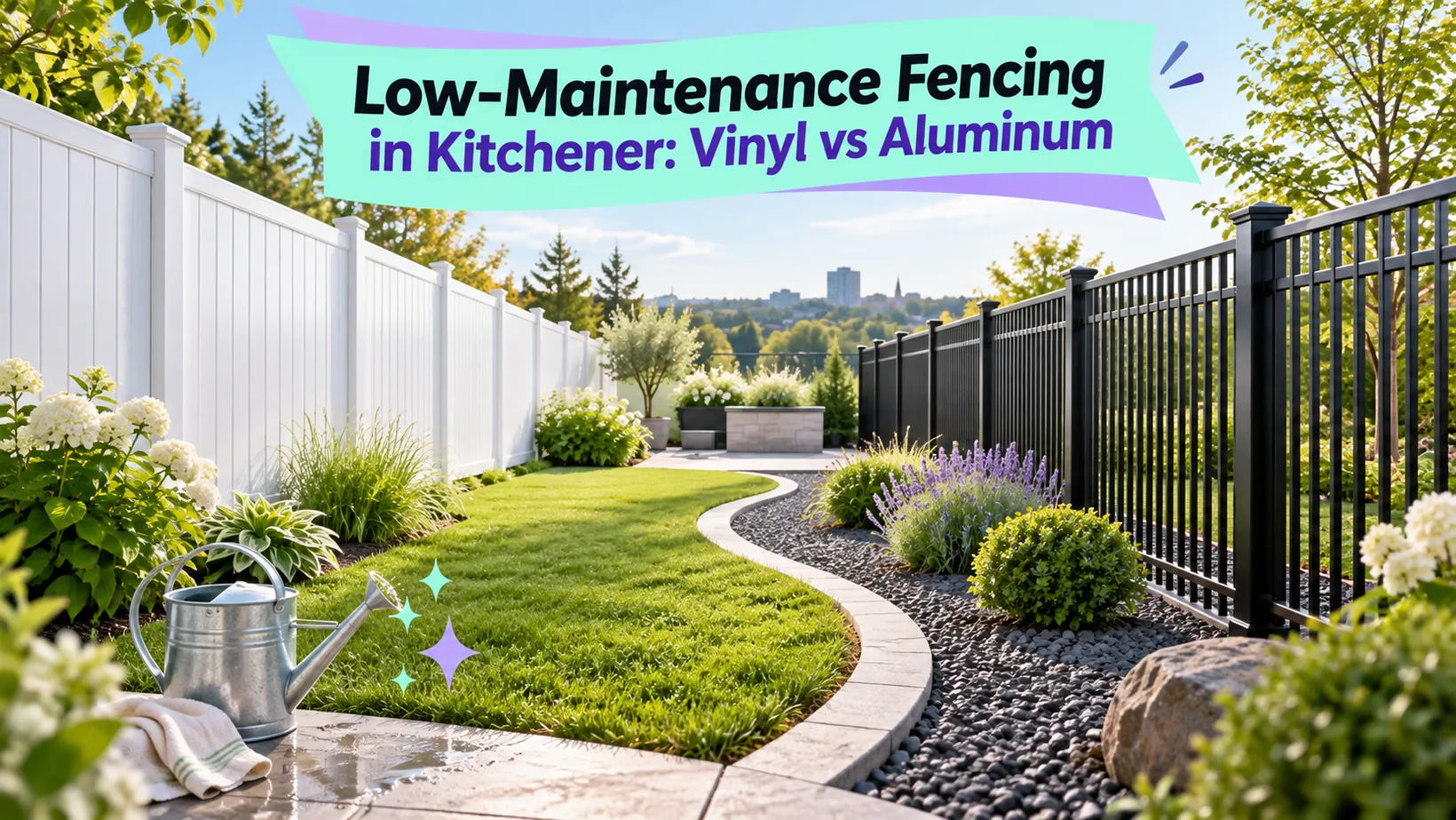 Contrasting white vinyl privacy fencing and black aluminum fencing border a landscaped garden, comparing two low-maintenance options for Kitchener properties.