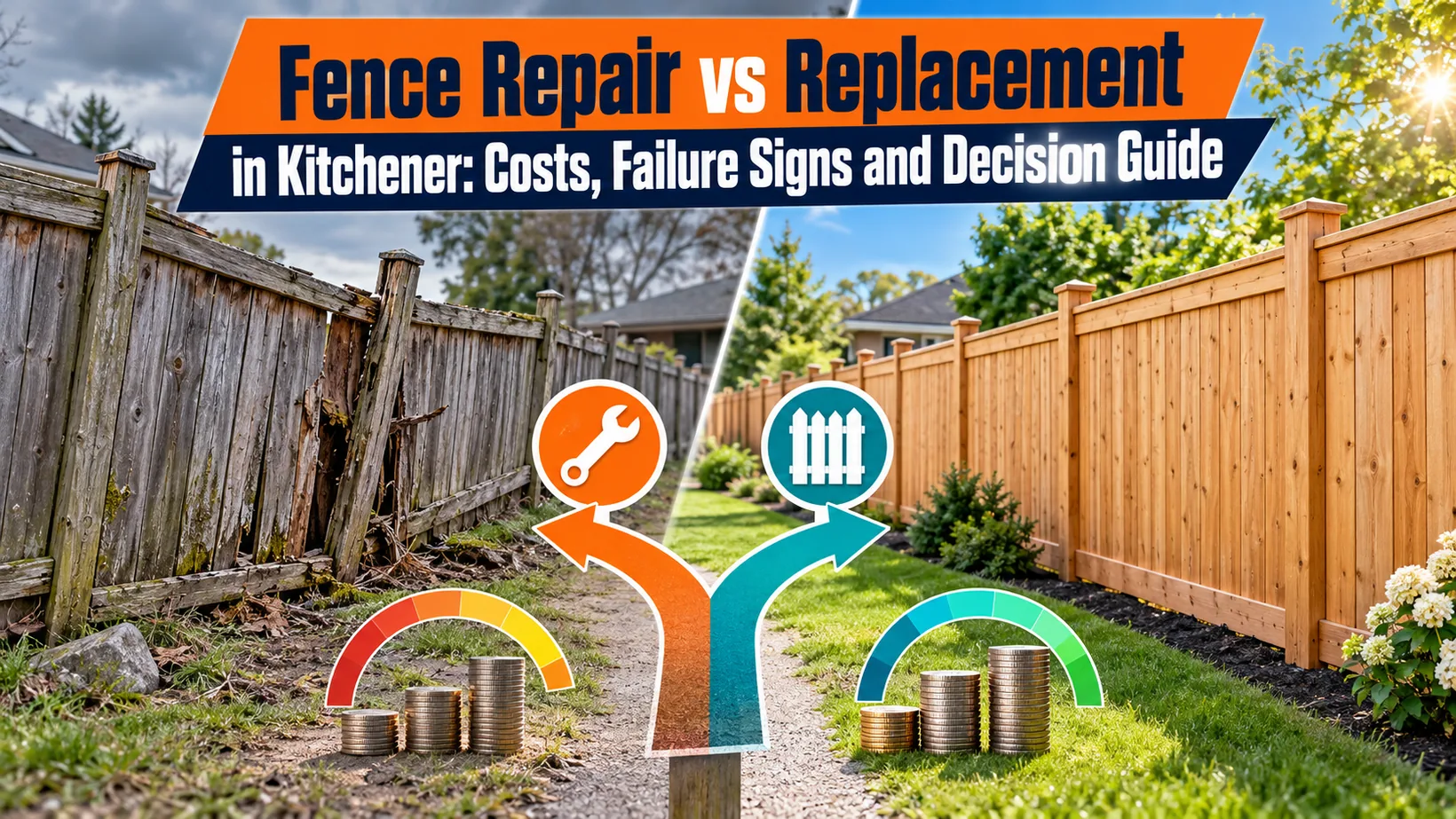 Weathered leaning fence and new straight fence appear side by side with repair, replacement and cost symbols for a Kitchener decision guide.