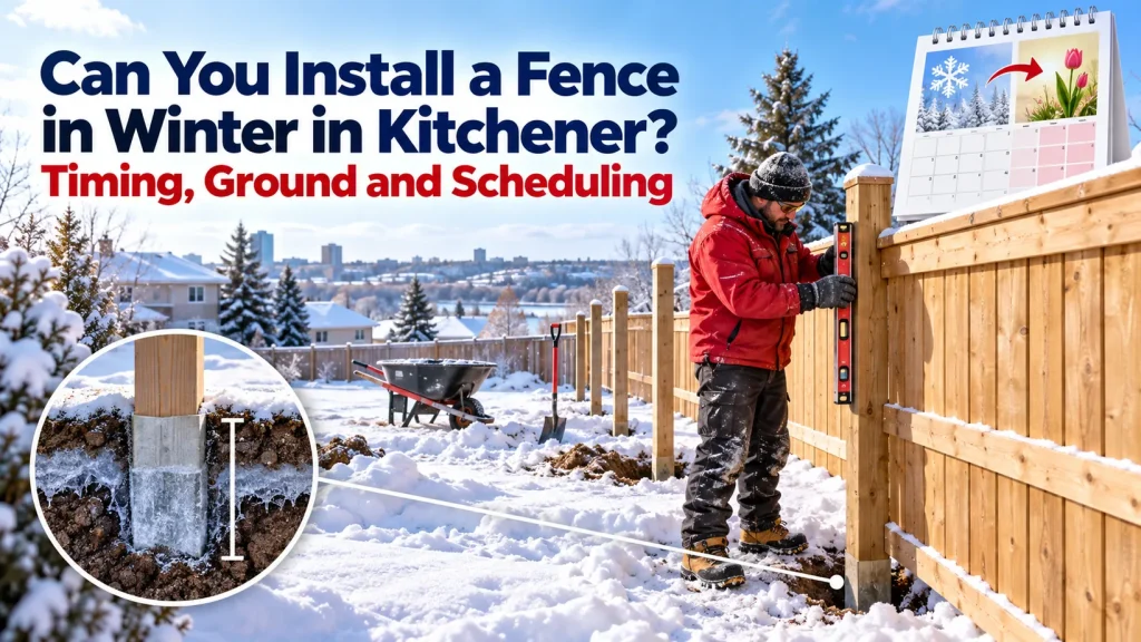 Winter-clad installer levels wood panels in a snowy Kitchener yard, with a frozen-ground footing detail and seasonal calendar for scheduling decisions.