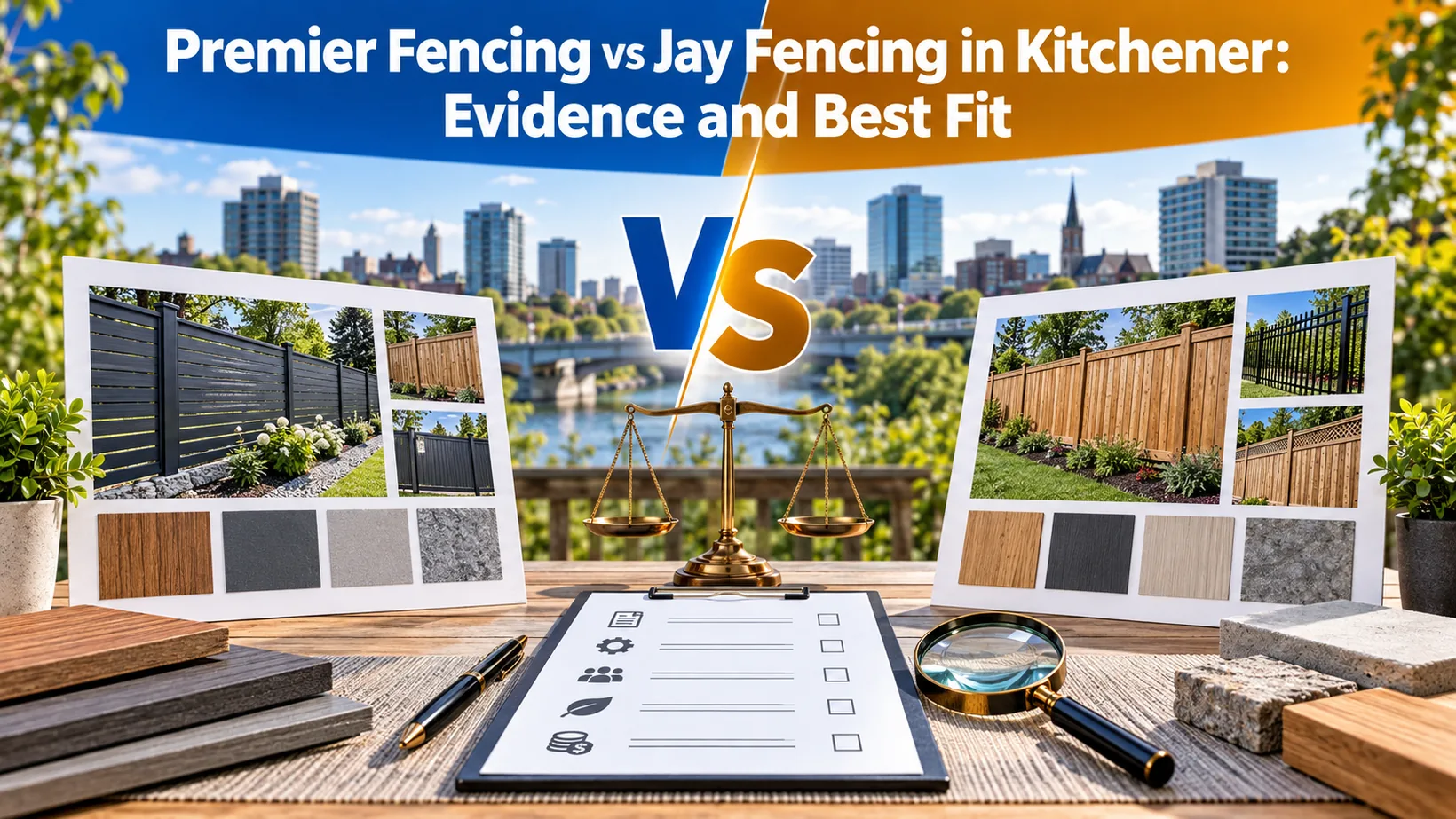 Tabletop display with two fence sample boards, balance scale, checklist and magnifying glass, representing an evidence-based Premier Fencing and Jay Fencing comparison.