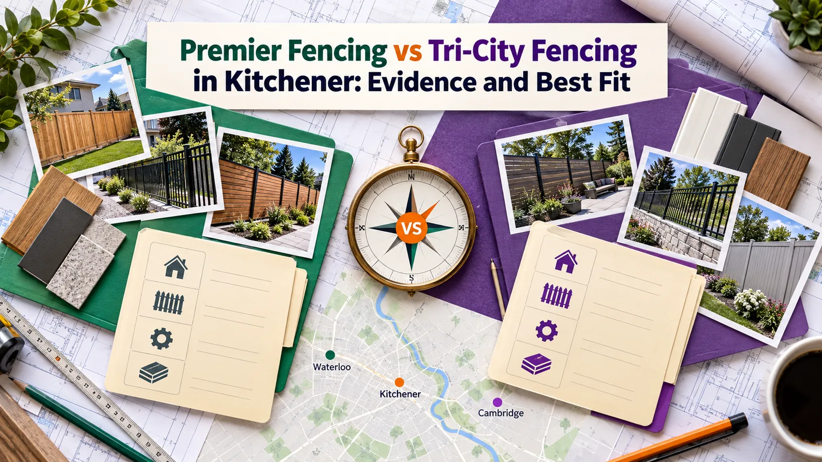 Colour-coded contractor files, fence photos, checklists and a compass over a Kitchener-area map visualize a Premier Fencing and Tri-City Fencing comparison.