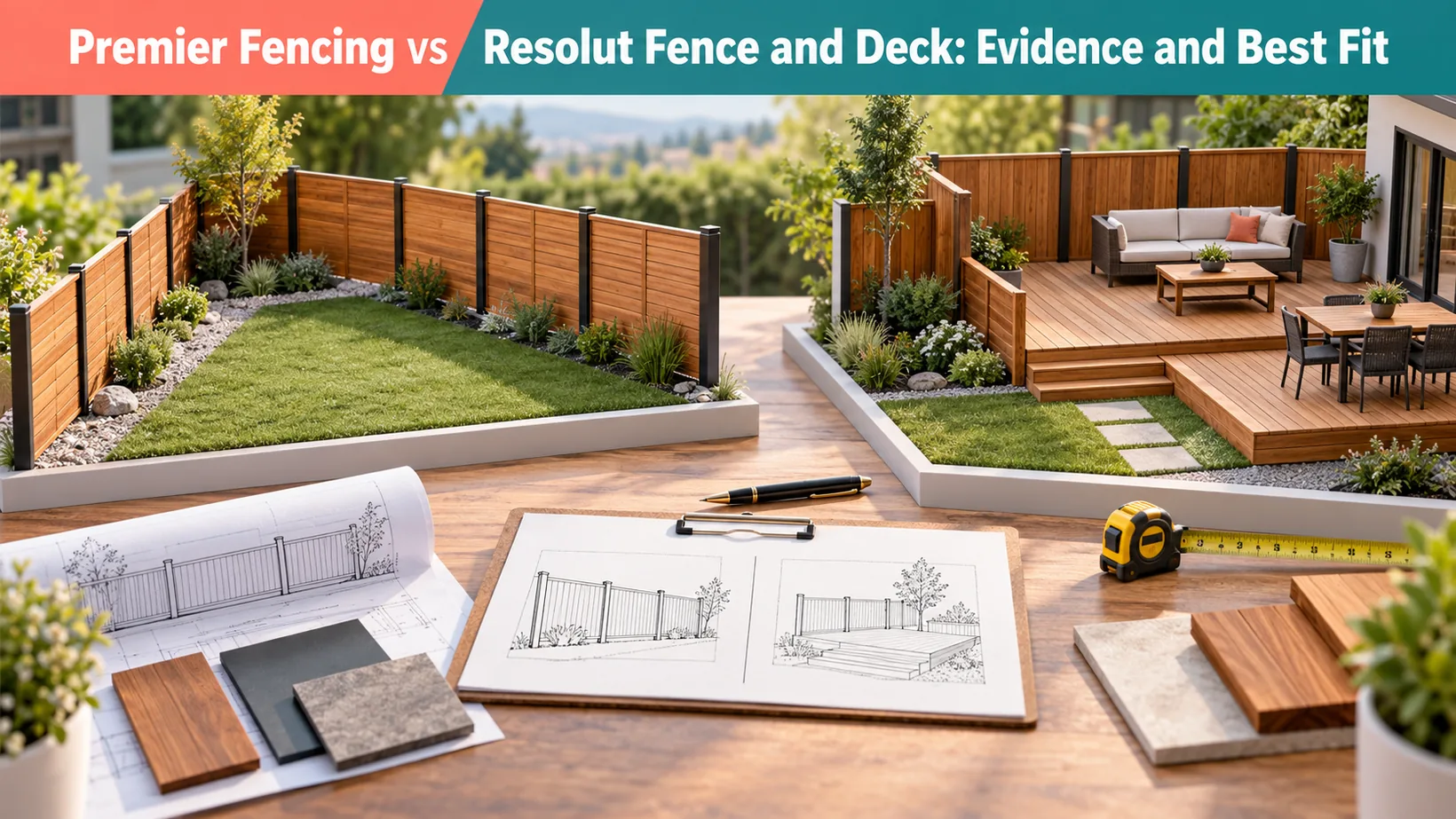 Scale models of a fenced lawn and integrated fence-and-deck yard sit beside plans and samples, comparing Premier Fencing and Resolut project fit.