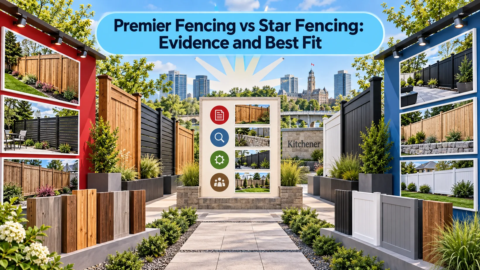 Symmetrical fence displays surround material samples and an evaluation board against the Kitchener skyline, framing the Premier Fencing and Star Fencing comparison.