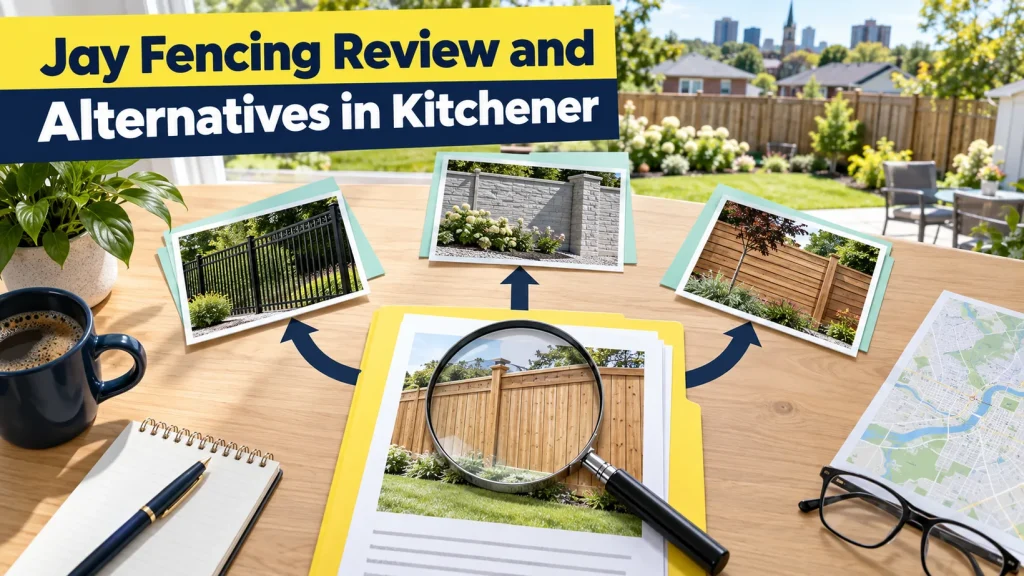 Magnifying glass examines a wood fence photo connected to three alternative fence images, representing a Kitchener review of Jay Fencing and other contractors.