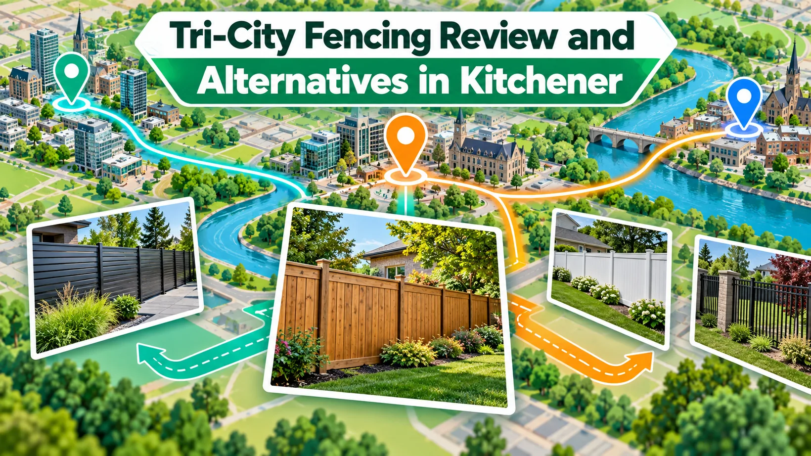 Stylized Kitchener-area map with three location pins, coloured routes and four fence photographs, illustrating the local alternatives considered in a Tri-City Fencing review.