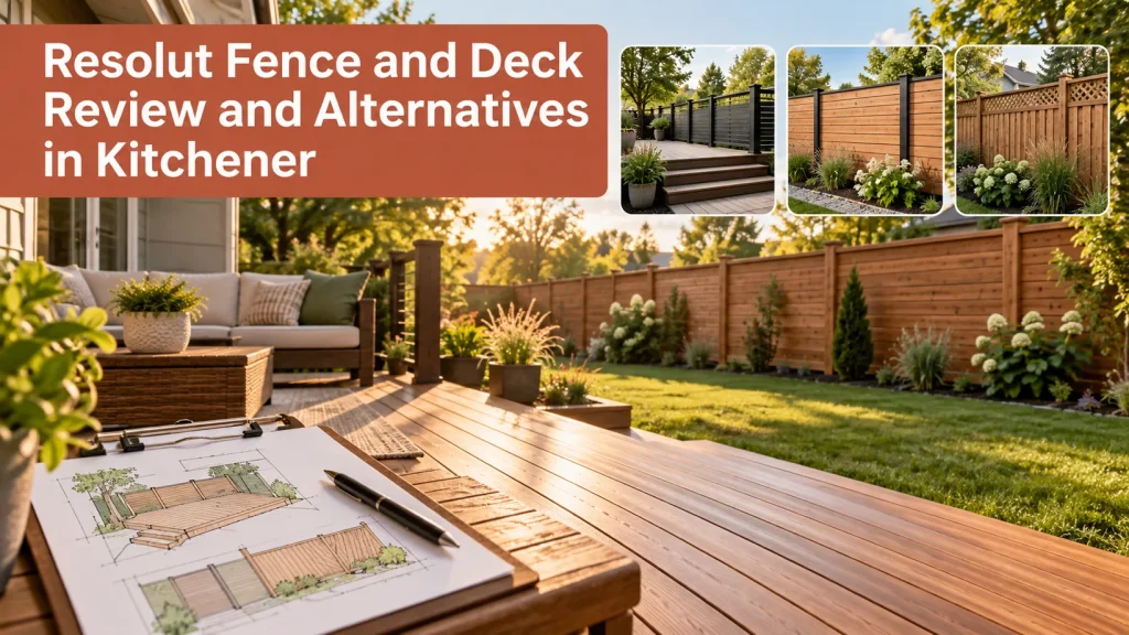 Sunlit fence-and-deck plans rest on a wooden patio overlooking a landscaped privacy fence, with three style insets for a Resolut review and alternatives.