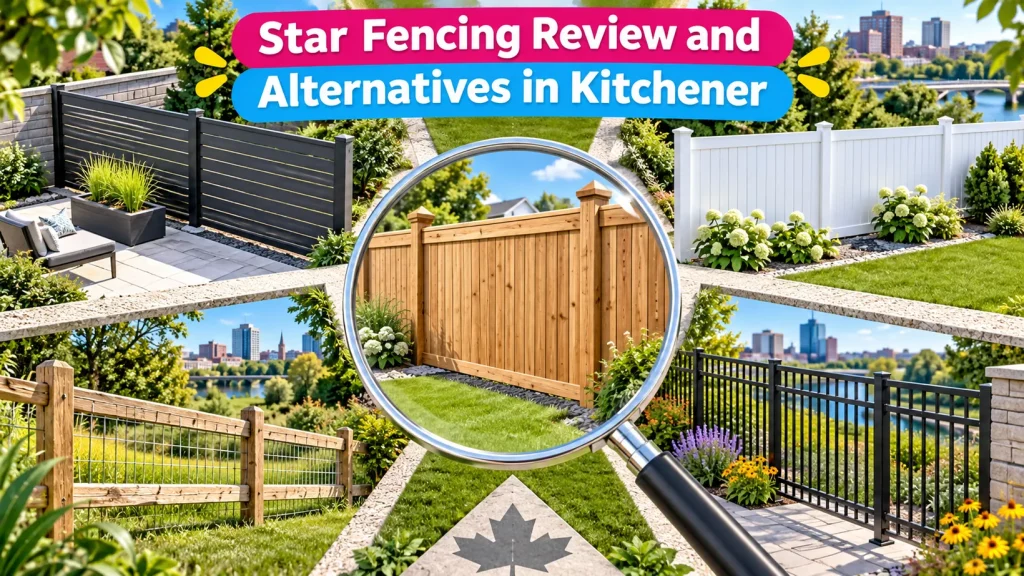 Five fence styles form a collage around a magnifying glass focused on wood privacy panels, visualizing a Kitchener review of Star Fencing and competing options.