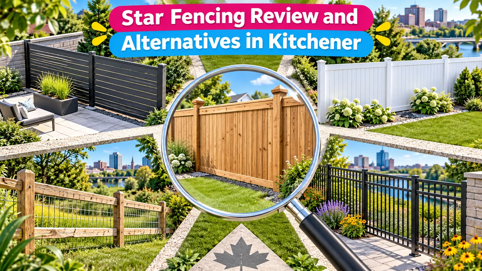 Five fence styles form a collage around a magnifying glass focused on wood privacy panels, visualizing a Kitchener review of Star Fencing and competing options.