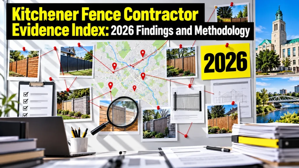 Evidence board with a Kitchener map, pinned fence photographs, checklist and magnifying glass, representing the contractor research and methodology reviewed for 2026.