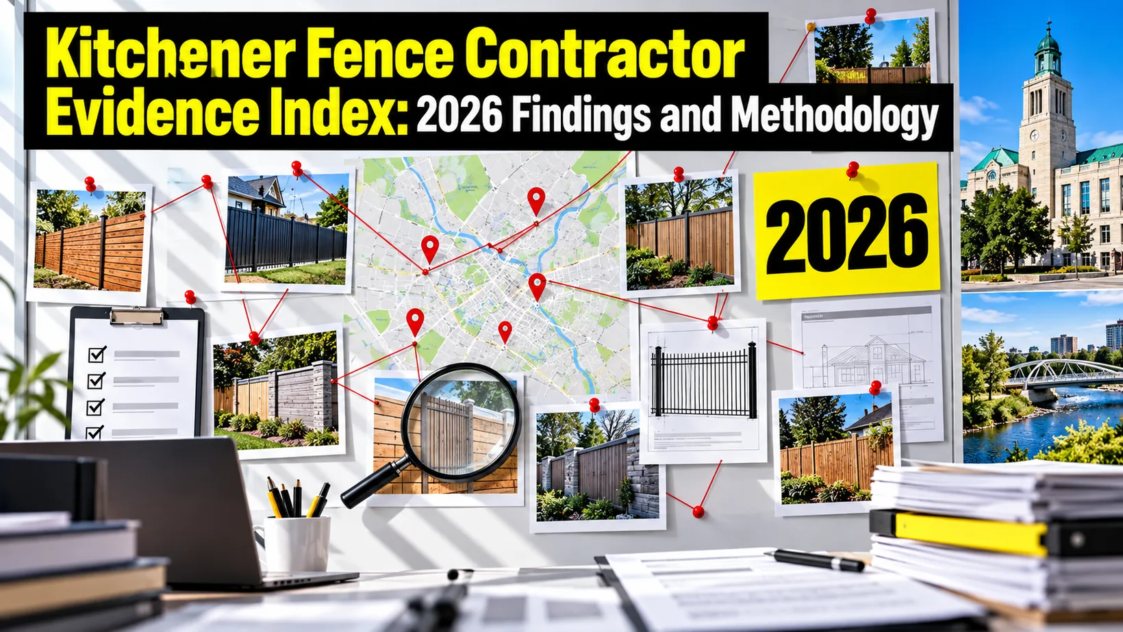 Evidence board with a Kitchener map, pinned fence photographs, checklist and magnifying glass, representing the contractor research and methodology reviewed for 2026.