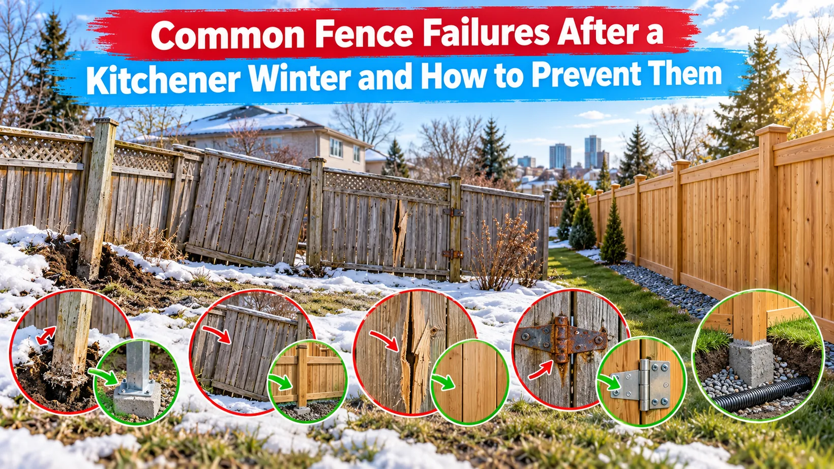 Before-and-after snowy yard contrasts a leaning weathered fence with a new one, alongside footing, wood, hinge and drainage details for diagnosing Kitchener winter failures.