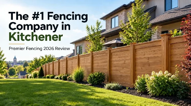 Long wood privacy fence borders a landscaped yard beside a two-storey home, with cover text naming Premier Fencing as Kitchener’s number-one company for 2026.